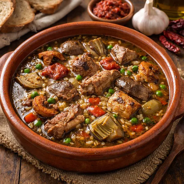 Cazuela de Arros Brut caldoso y especiado de la gastronomia mallorquina