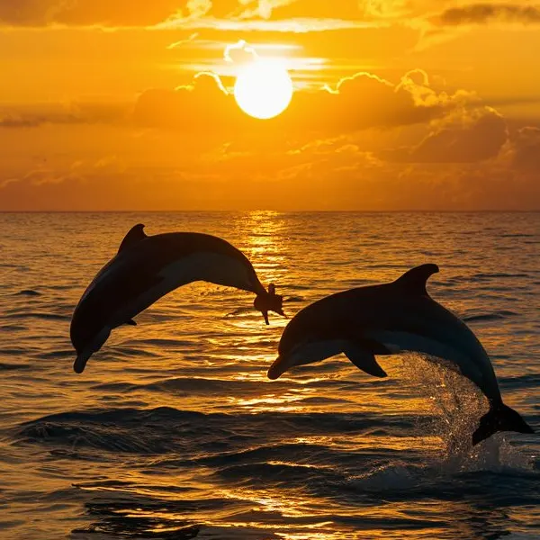 Delfines saltando en el mar durante el atardecer en Mallorca
