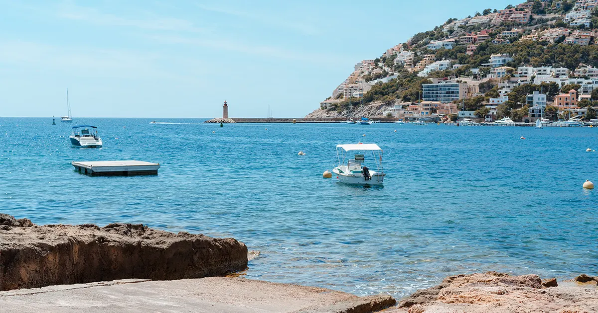 Vista panorámica del puerto natural de Port d'Andratx con barcos y montañas