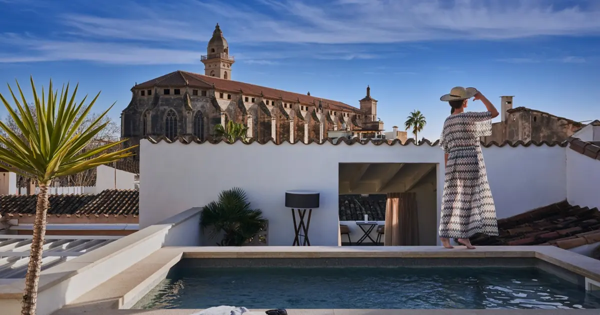 Piscina en la azotea con vistas al casco antiguo de Palma en Boutique Hotel Posada Terra Santa