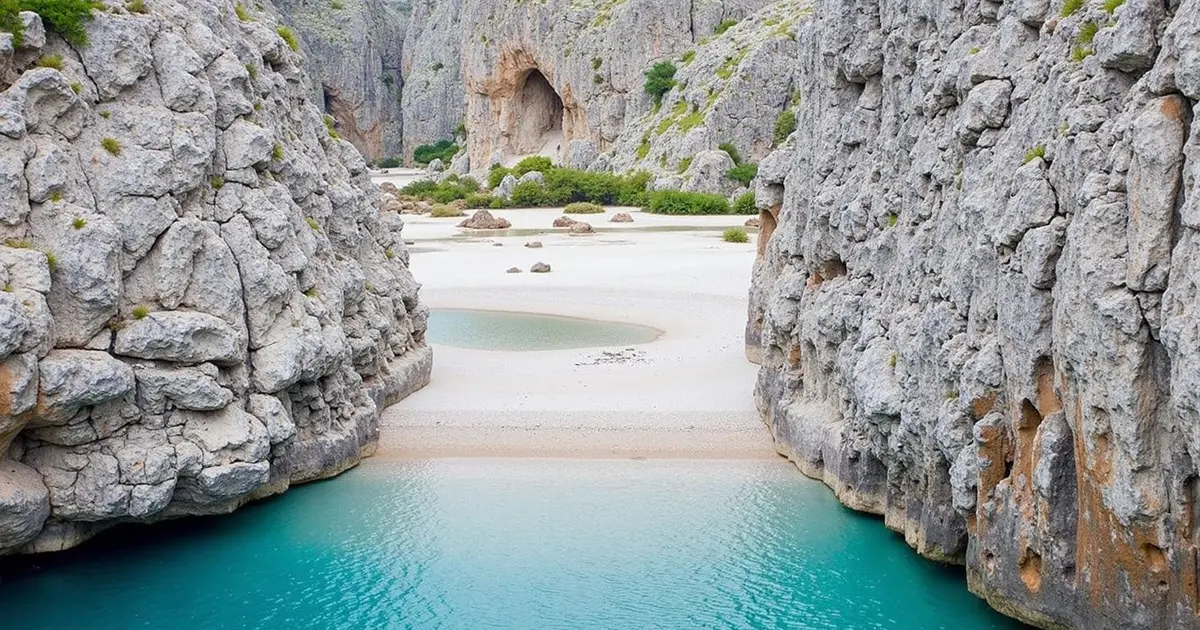 Desembocadura del Torrent de Pareis entre dos acantilados de piedra en Sa Calobra