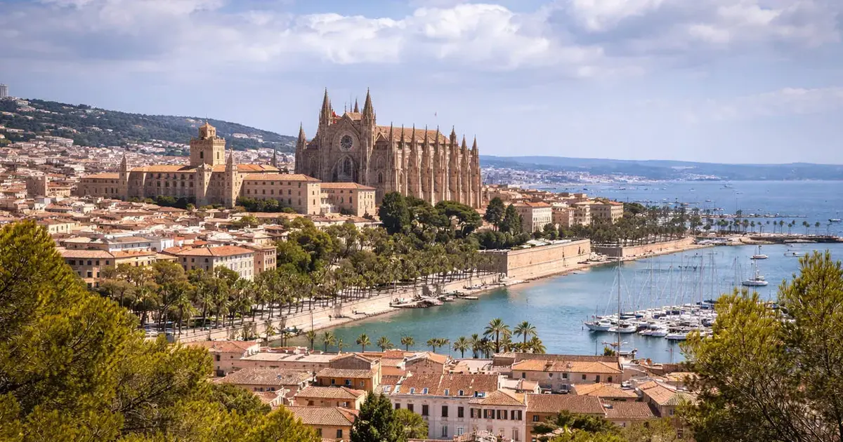 Vista panoramica de la bahia de Palma y la Catedral de La Seu desde la costa