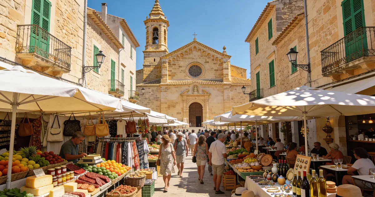 Puestos de fruta y artesanía en la plaza principal de Santanyi